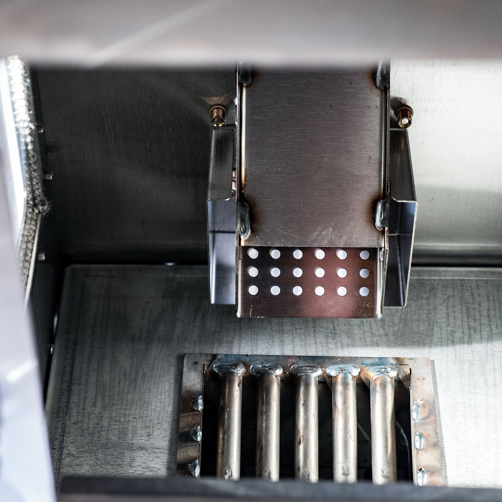Inside the gravity-fed pellet hopper